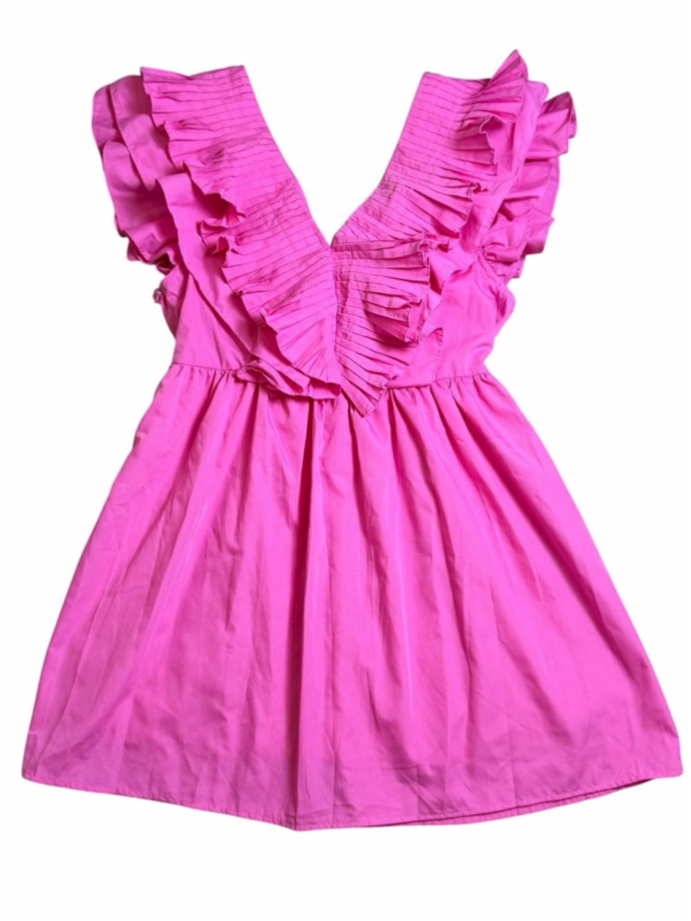 entro Pink Pleated Ruffle V-Neck Mini Dress Size Large Coquette Barbiecore - Picture 5 of 8